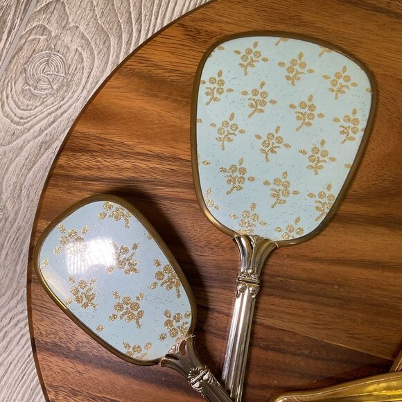 Lot of 2 Vanity Dresser Sets Matching Hand Mirror and Hair Brush Vintage 1950s B - Picture 4 of 10